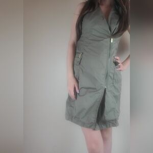 Michael Kors Army Green Sleeveless Zipper Casual Work Dress 100% Cotton Size S